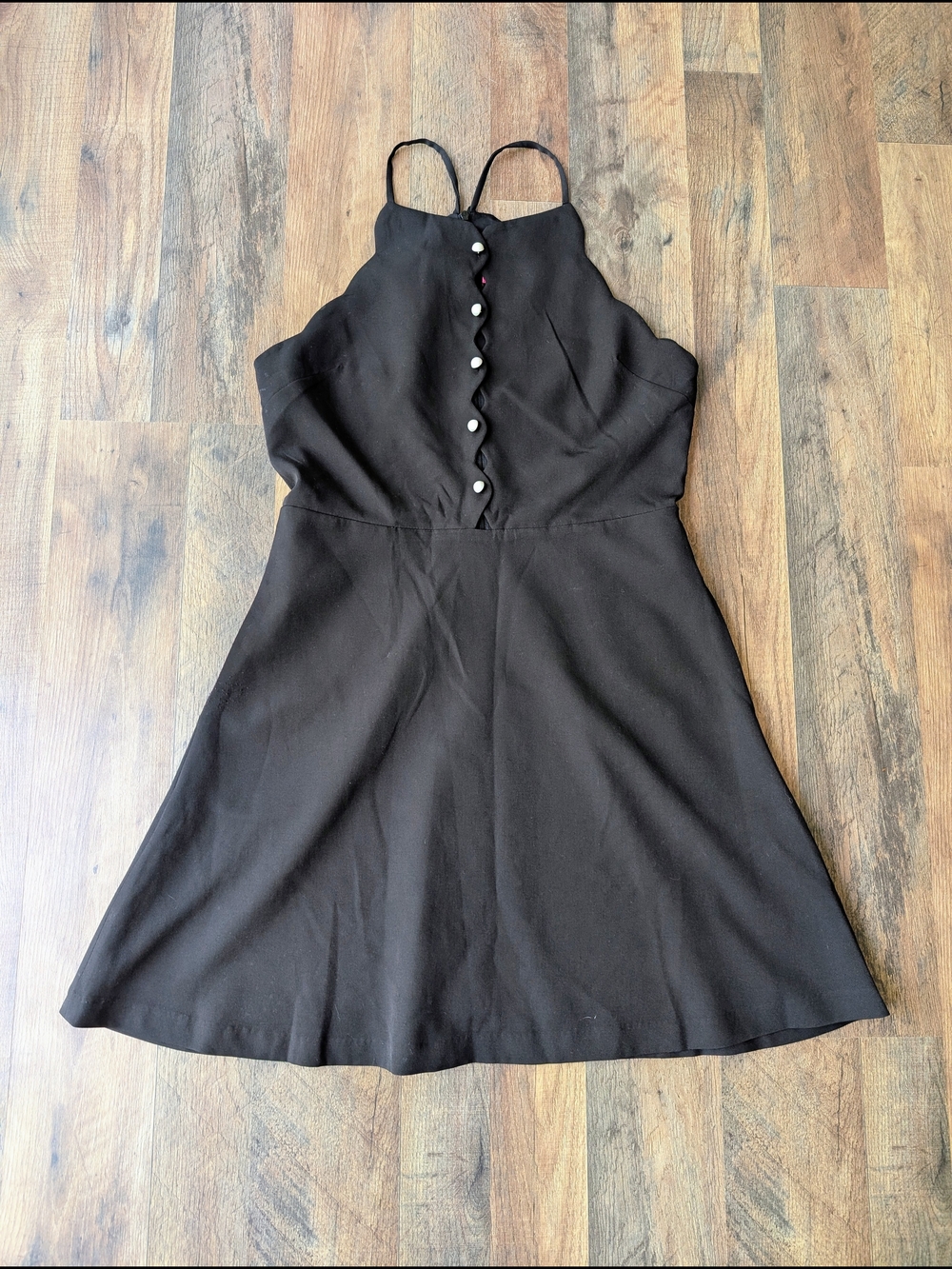 Betsey Johnson Black Halter A-Line Mini Dress with Peekaboo Button Front